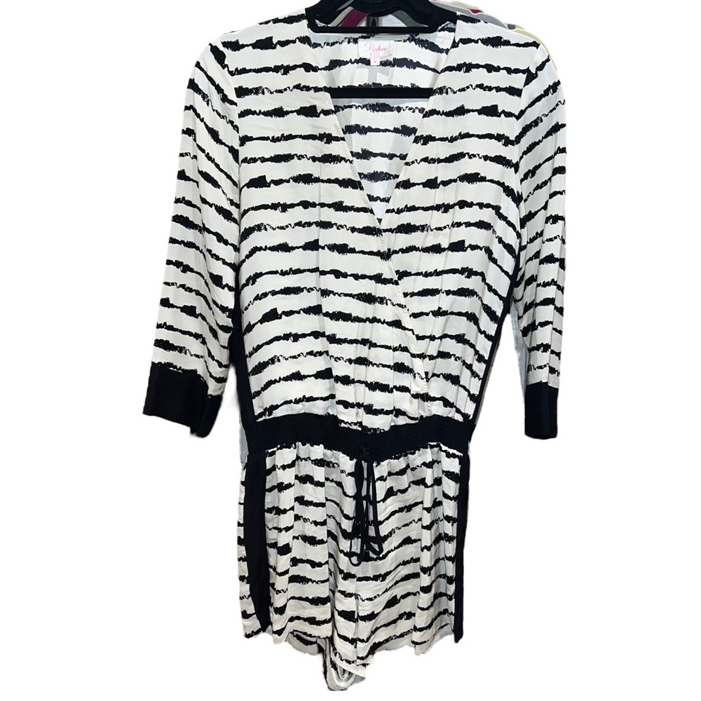 Parker Black & White Stripe Silk Long Sleeve Romper